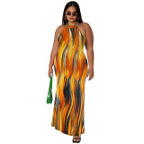 Tie Dye Print Sexy Sleeveless Cut Out Plus Size Mermaid Maxi Dress