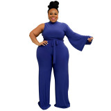 Plus Size Women's Solid Single Sleeve Wide Leg Belted Jumpsuit