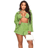 Fall Sexy Three-Piece Outfit Bikini Bra + Cardigan Shirt +Shorts