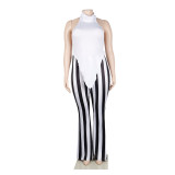 White Sexy Halter Irregular Top and Striped Flare Pants ClubTwo Piece Set