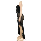 Sexy Strapless See-Through Mesh Ruffle Irregular Dress