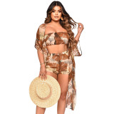 Women's Three Piece Shorts Set Print Chiffon Beadeau Top + Short + Cover-Up