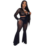 Rhinestone See-Through Mesh Flare Pants and Lace-Up Long Sleeve Crop Top 3PCS Set