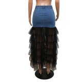 Sexy See-Through Mesh Denim Patchwork Layered Long Skirt