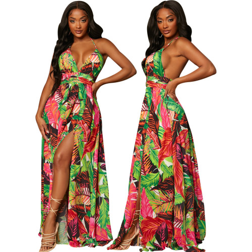 Tropical Print V-Neck Backless Halter Sleeveless Slit Maxi Dress
