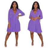 Solid Velvet Turndown Collar Long Sleeve Button Up A-Line Casual Dress