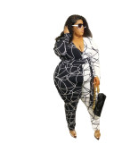 Plus Size Contrast Print Flare Sleeve Belted Bodycon Jumpsuit