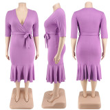 Plus Size Plain Color Half Sleeve V-Neck Mermaid Midi Dress