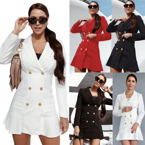 Lapel Collar Double-breasted Pleated Blazer Dress