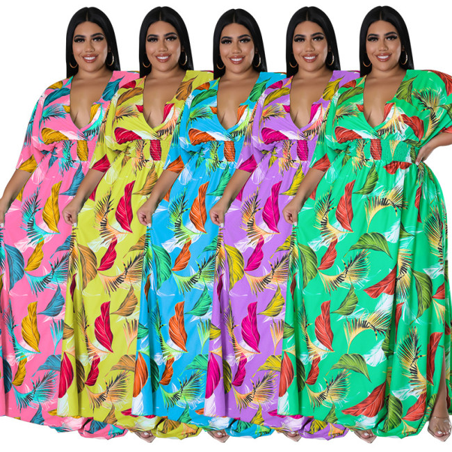 Plus Size Print Half Sleeve Deep V-Neck Print Multicolor Dress