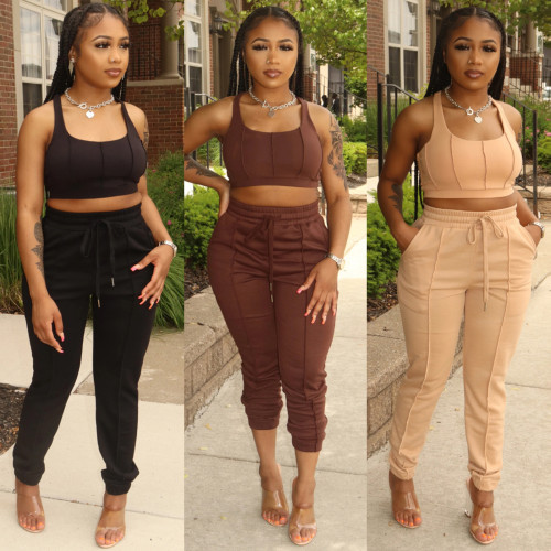 Solid Crop Tank Top + Pants Casual Two Piece Set