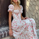 Retro Square Neck Puff Sleeves Floral High Slit Long Dress