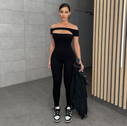 Black Cut Out Off Shoulder Short Sleeve Bodycon Jumpsuit