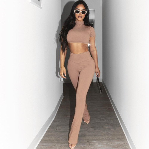 Khaki Casual Solid Crop Top and Pants Ribbed Two Piece Set