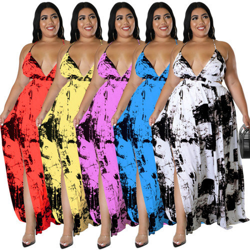 Plus Size Cross Back Ink Print Slit Cami Maxi Dress