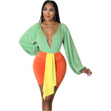 Sexy V-neck Balloon Sleeve Bodysuit + Contrast Color Mini Dress 2PCS Set