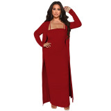 Sexy High Stretch Ribbed Long Cami Dress with Long Cardigan Set