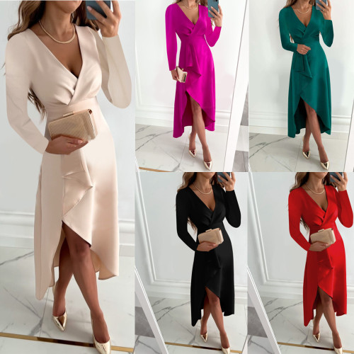 Solid Long Sleeve V Neck Ruffle Irregular Slit Dress