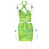 Print Green Halter Neck Crop Top Mini Skirt Two Piece Set