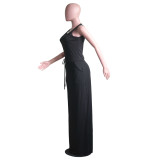 Sexy U-Neck Solid Sleeveless Drawstring Slim Maxi Dress