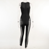 Sexy See-Through Polka Dot Rhinestone Splicing Fitted Jumpsuit