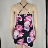 Plus Size Floral Printed Cami Drawstring Bodycon Dress