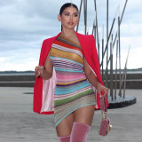 Colorful Striped Print One Shoulder Sleeveless Irregular Bodycon Dress