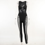 Sexy See-Through Polka Dot Rhinestone Splicing Fitted Jumpsuit