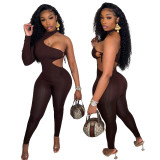 Brown Single Sleeve Cutout Sexy Lace-Up Bodycon Jumpsuit