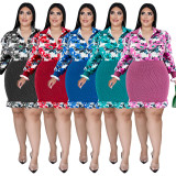 Plus Size Floral Print Long Sleeve Ruffles Short Bodycon Dress