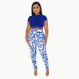 Sexy Solid Short Sleeve Crop Top+ Printed Pants Two-piece Set