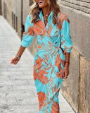 Fashion Print Turndown Collar Half Sleeve Midi Dress