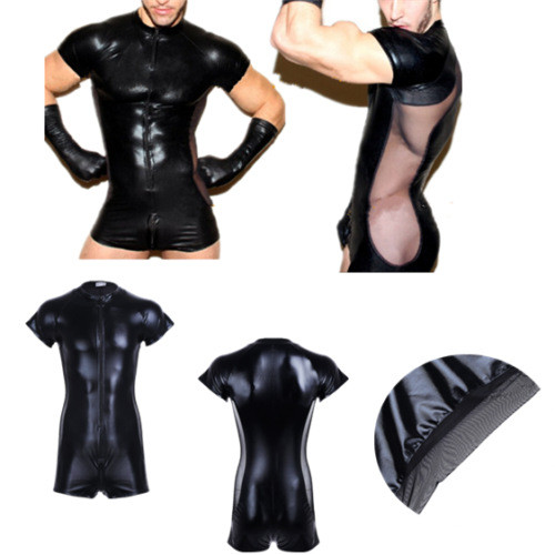 Men's Erotic Lingerie Black Pu Leather Mesh Insert Zipper Bodysuit