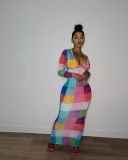 Sexy Check Print Multi-Color Bodycon Maxi Dress