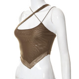 Brown Mesh Irregular Halter Neck Sexy Cutout Crop Top