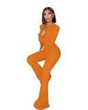 Solid Ribbed Zip Up Long Sleeve Slim Fit Flare Jumpsuit
