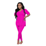 Womens Short Sleeve Side Slit Top + Tight Pants Two Piece Set