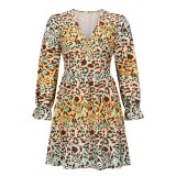 Leopard Print V-Neck Long Sleeve Casual Dress