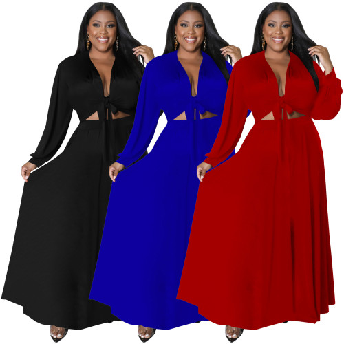 Plus Size Solid Two Piece Set Tie Front Full Sleeve Crop Top & Long Skirt