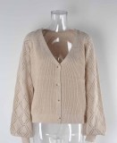 Womens Fall V-neck Hollow Out Button Knitting Cardigan