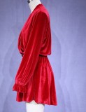 Sexy Fall Long Sleeve V-Neck Drawstring Velvet Short Dress