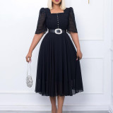 African Square Neck Short Sleeve Beaded Lace Bodice Midi Dress with Belt