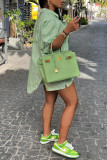 Green Striped Loose Long Sleeve Shirt + Shorts Two Piece Outfits