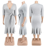 Plus Size Plain Color Half Sleeve V-Neck Mermaid Midi Dress