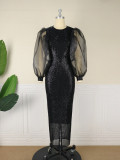 Plus Size Black Sequin Long Sleeve Slim Waist Party Dress