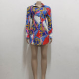 Fashion Print Multicolor Slim Fit Curve Hem Shirt Dress