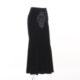 Women Lace Applique Black Long Dress