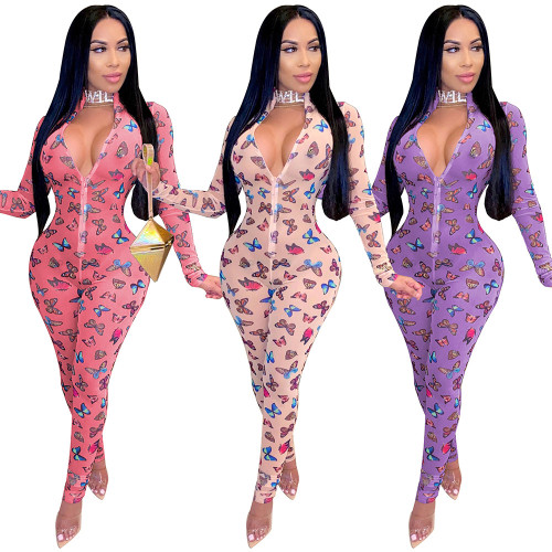 Sexy See-Through Mesh Butterfly Print Zipper Full Sleeve Tight Jumpsuit