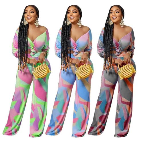 Printed Long Sleeve Wrap Tie Waist Top+ Straight Leg Pants Casual Two Pieces