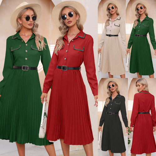 Womens Long Sleeve Button Midi Pleated Dress with Belt